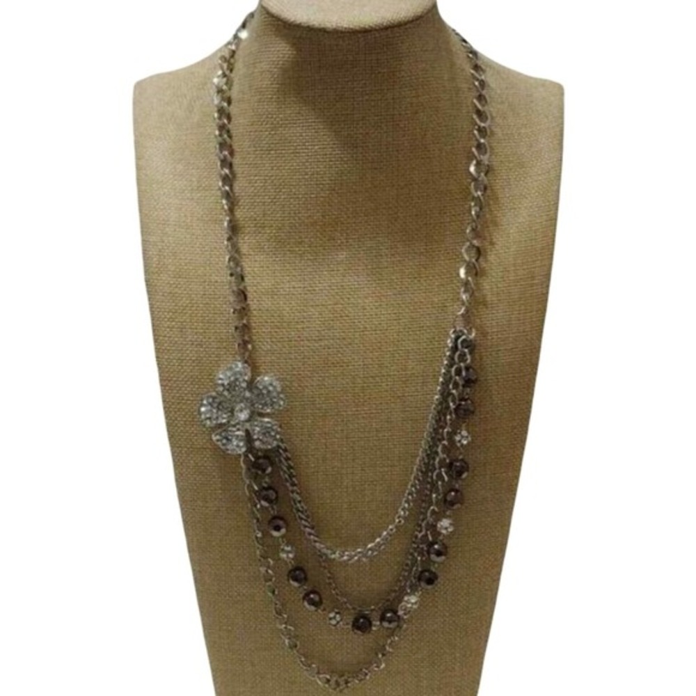 Treska Silver Multi Strand Rhinestone Flower Statement Necklace Grey Beads 32"